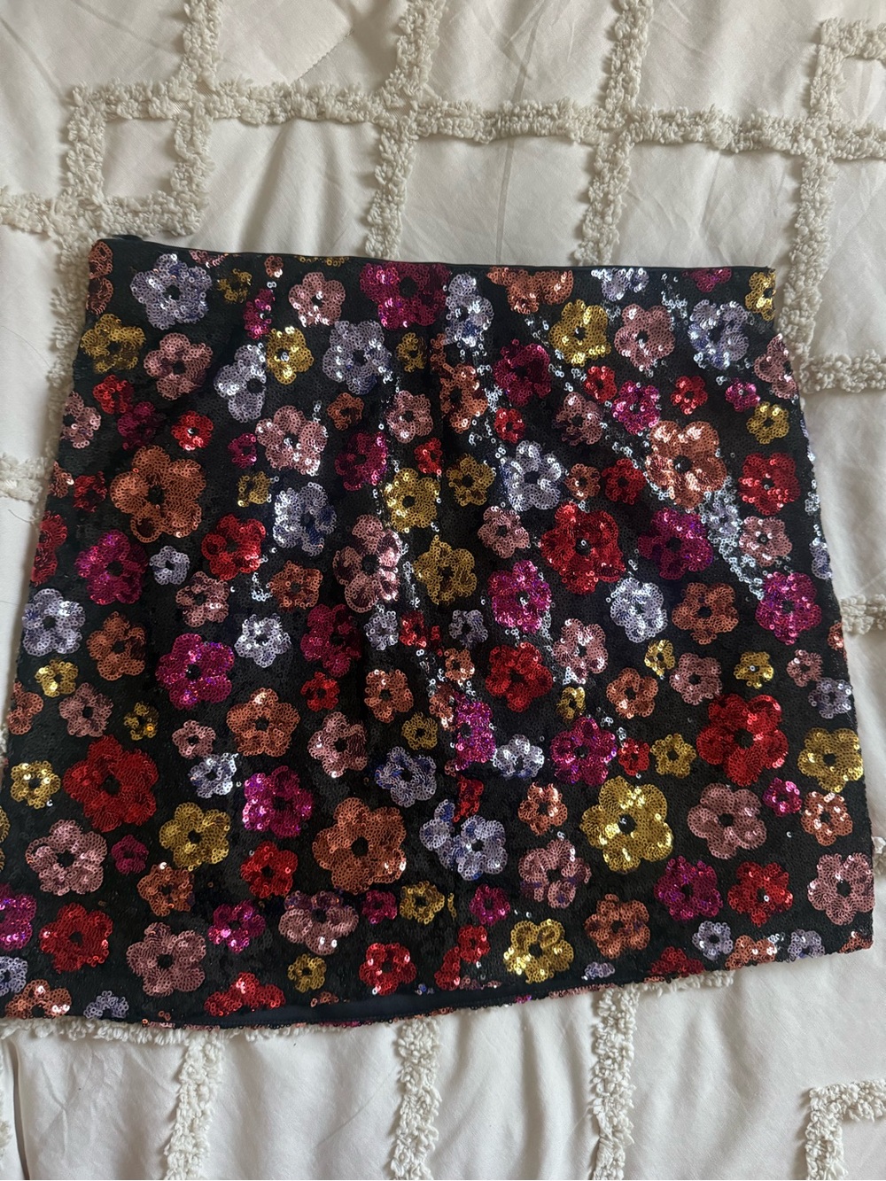 Endless Rose Sequin Floral Mini Skirt - Large- Black with Multicolor Flowers
